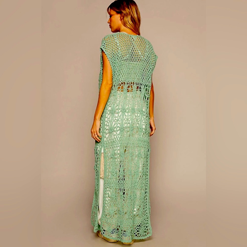 907. 🛑POL LAST 1 below cost! Maxi Cardigan Duster Green Slit Crochet Sleeveless - Picture 3 of 4